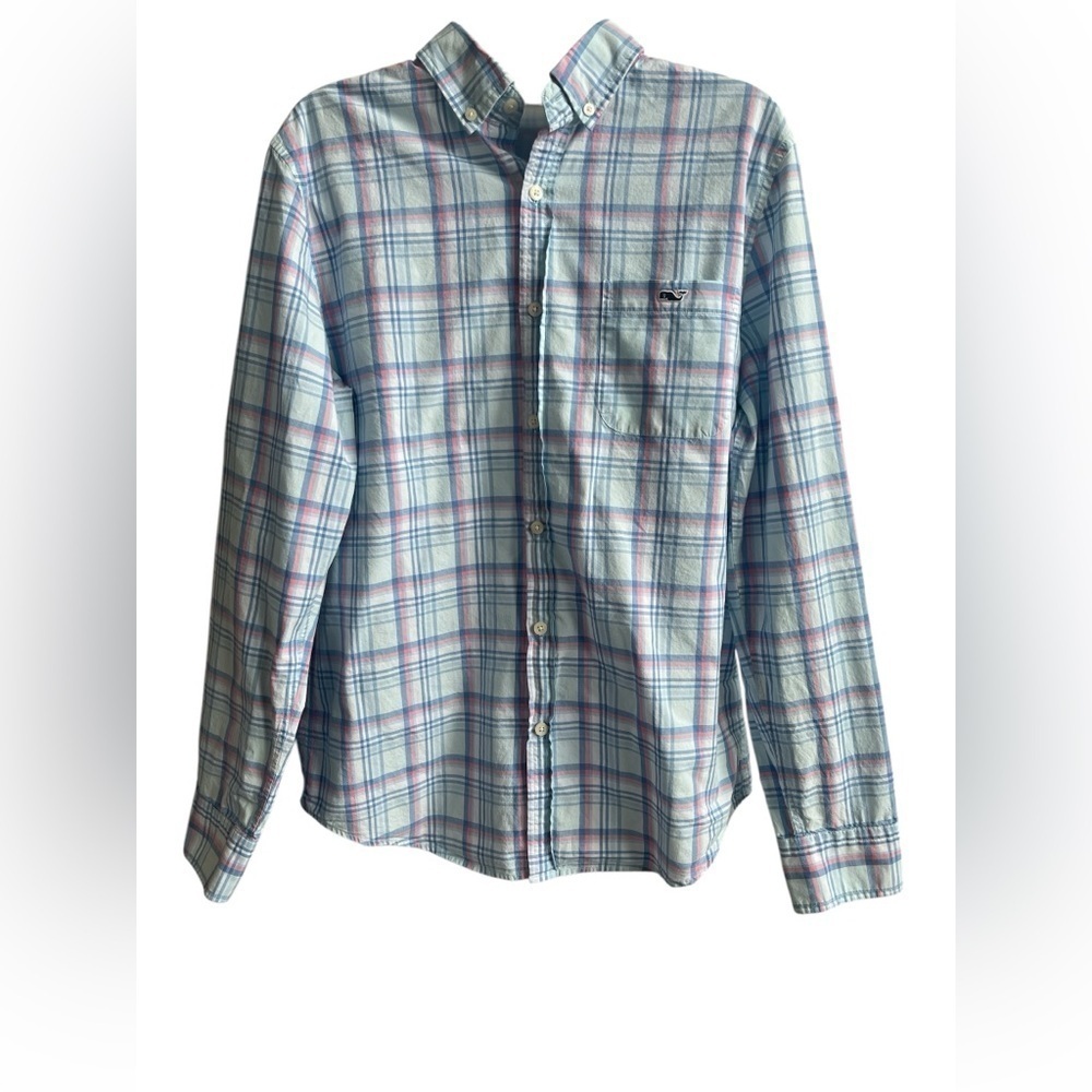 Vineyard Vines Men’s Long Sleeve Button Front Shirt Light Blue Plaid Slim Fit M